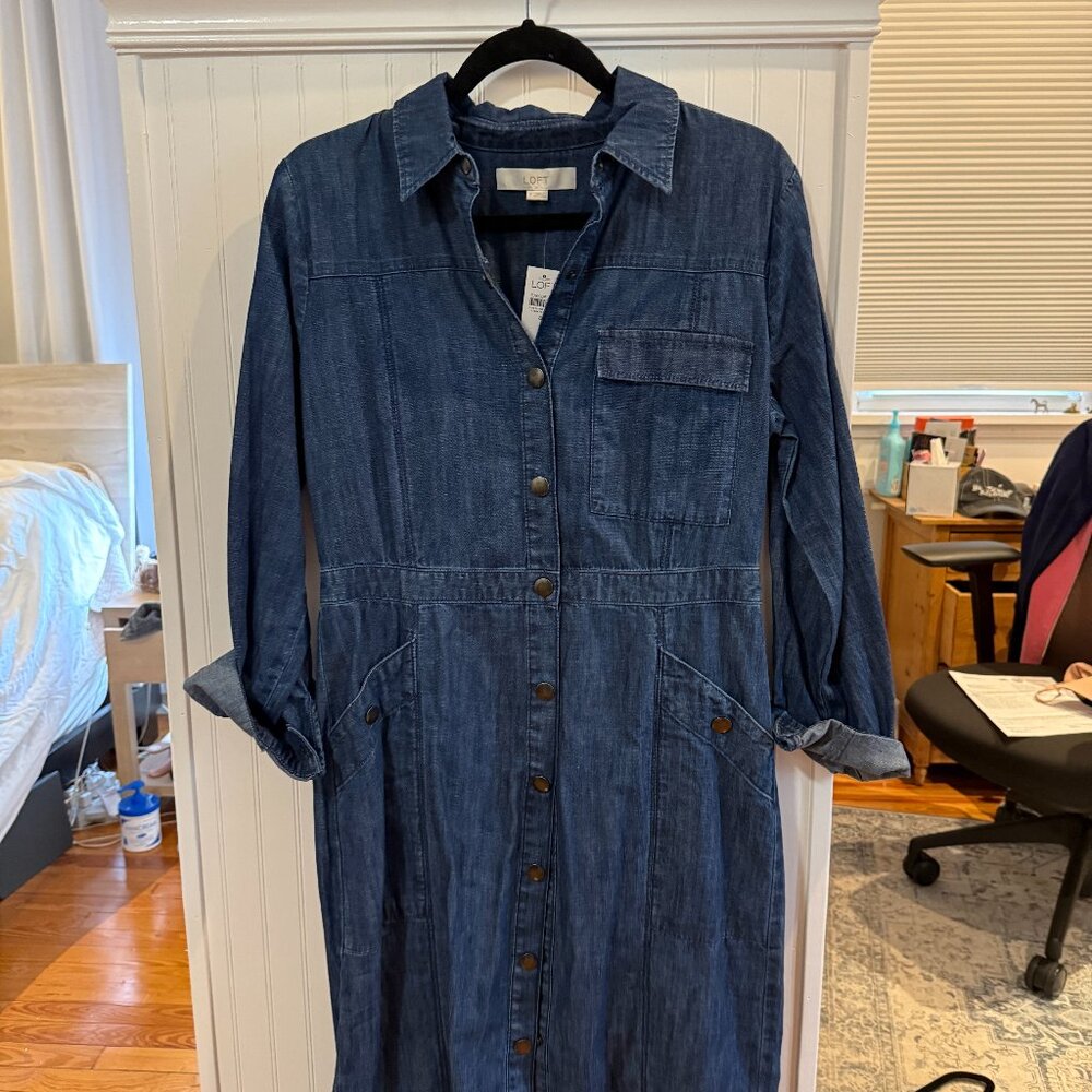 NWT LOFT Denim Long Sleeve Maxi Dress Pockets Front Snaps Size 8 Dark Wash